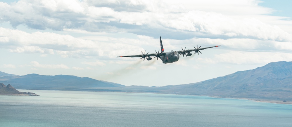 Nevada Air Guard C-130H Hercules Flies over Pyramid Lake during ESGR Boss Flight