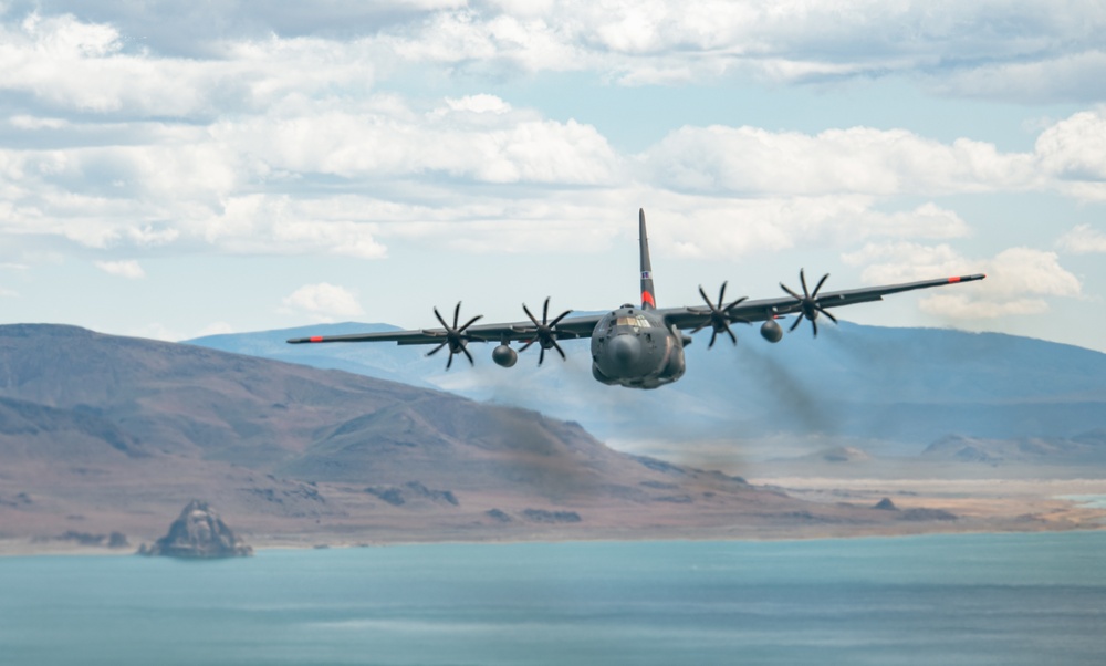 Nevada Air Guard C-130H Hercules Flies over Pyramid Lake during ESGR Boss Flight