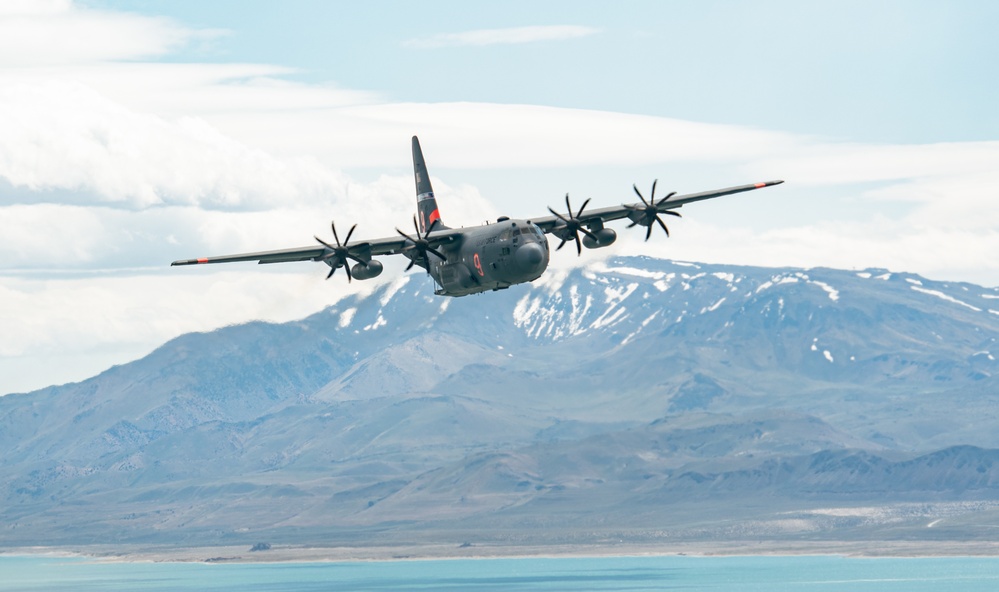 Nevada Air Guard C-130H Hercules Flies over Pyramid Lake during ESGR Boss Flight