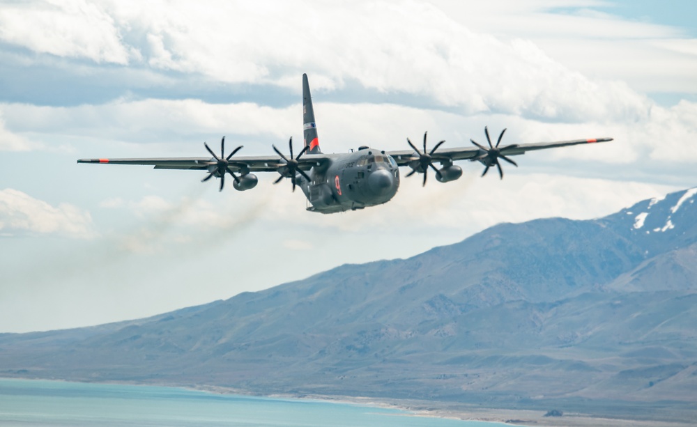 Nevada Air Guard C-130H Hercules Flies over Pyramid Lake during ESGR Boss Flight