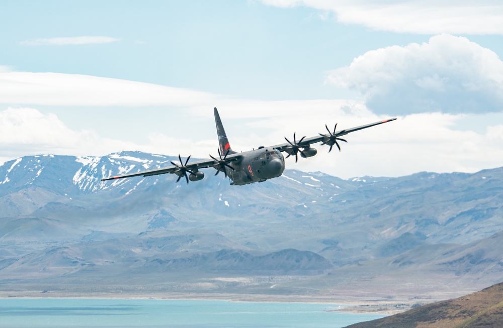 Nevada Air Guard C-130H Hercules Flies over Pyramid Lake during ESGR Boss Flight