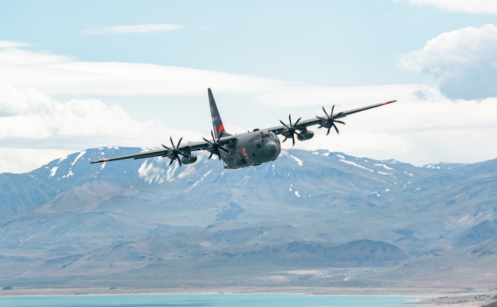 Nevada Air Guard C-130H Hercules Flies over Pyramid Lake during ESGR Boss Flight