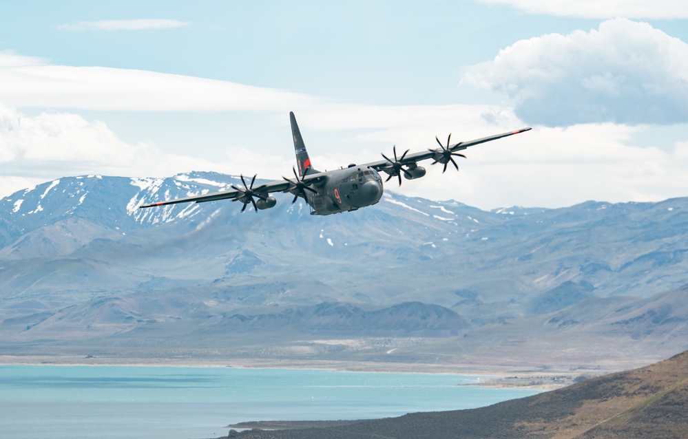 Nevada Air Guard C-130H Hercules Flies over Pyramid Lake during ESGR Boss Flight