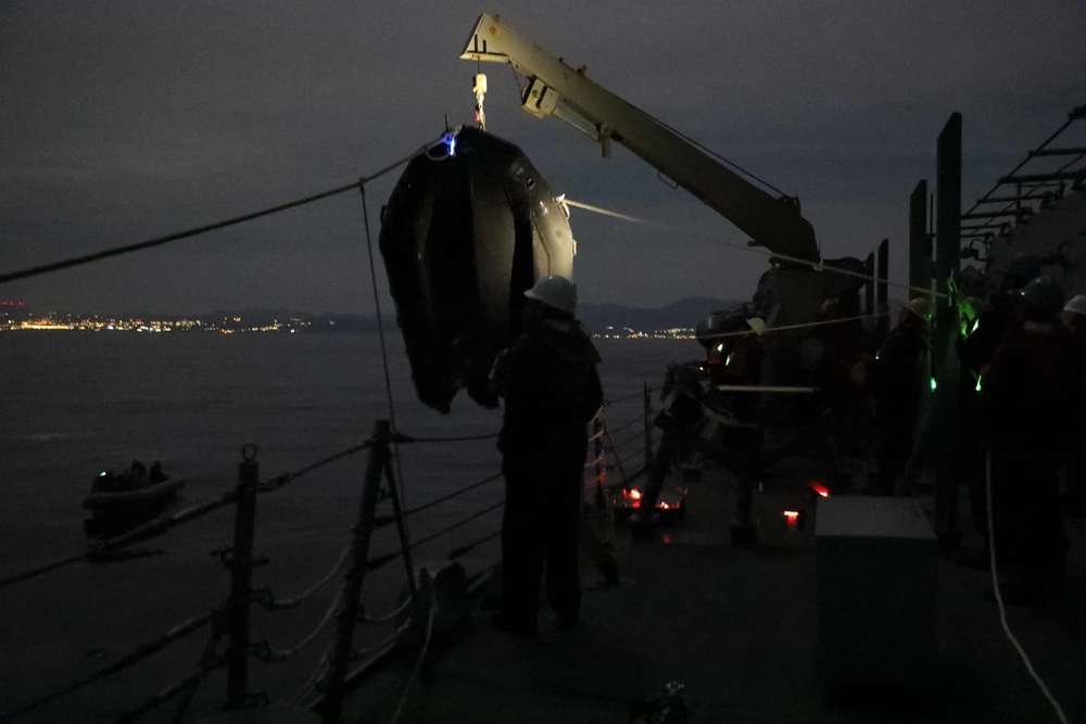 U.S. Marines conduct boat operations from USS Ross