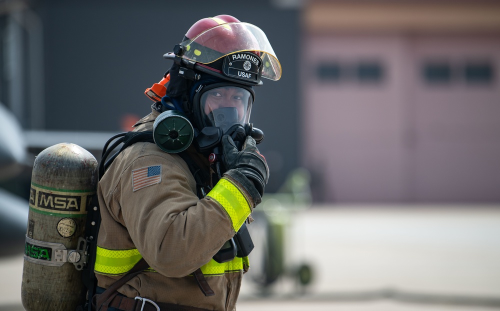 ROKAF; 8th CES Fire Fighters respond to simulated flightline emergency