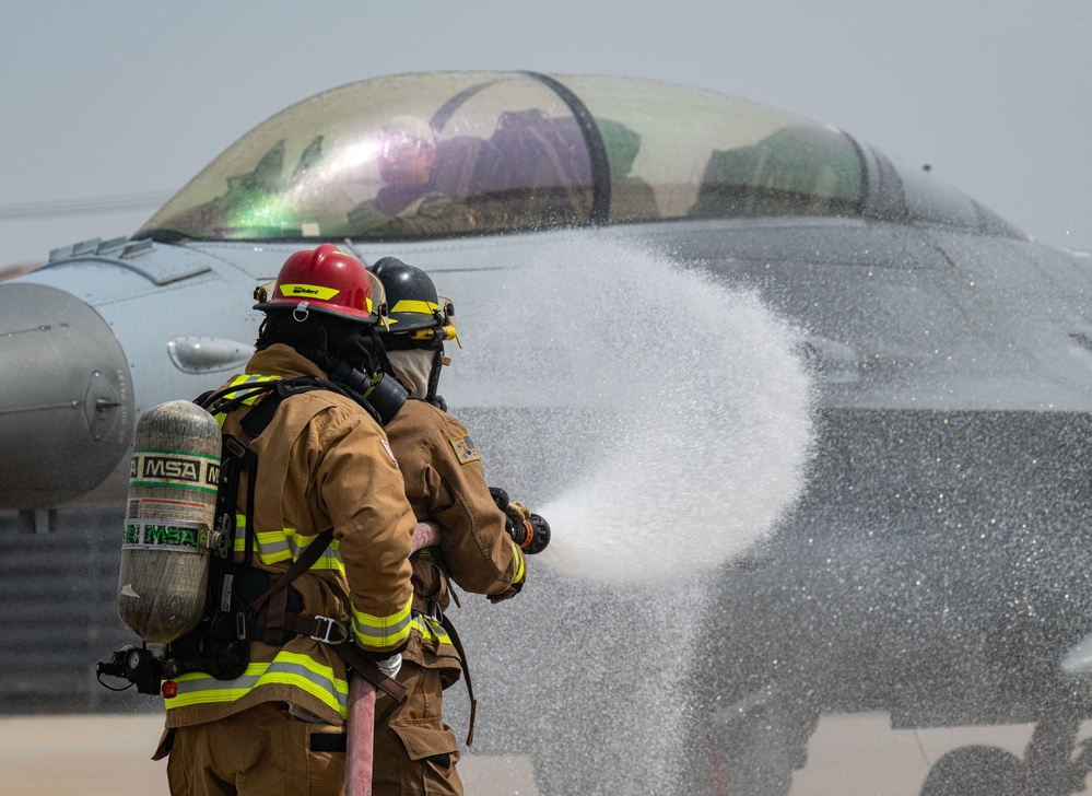 ROKAF; 8th CES Fire Fighters respond to simulated flightline emergency