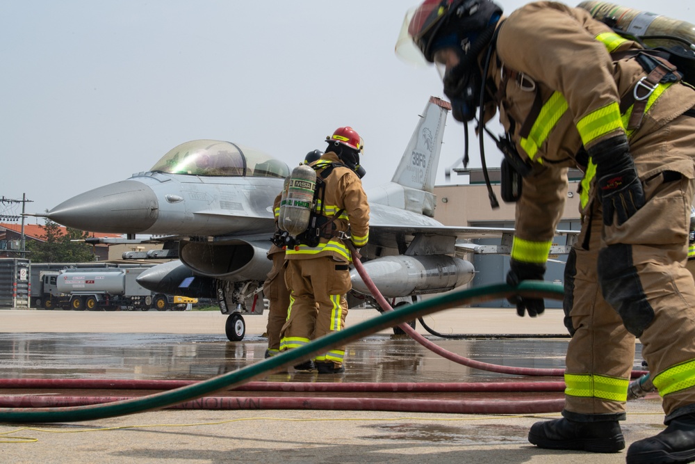 ROKAF; 8th CES Fire Fighters respond to simulated flightline emergency