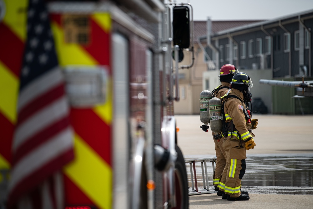 ROKAF; 8th CES Fire Fighters respond to simulated flightline emergency