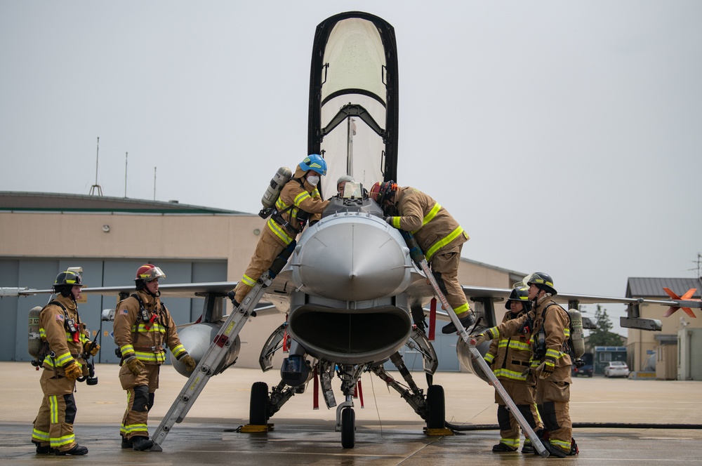 ROKAF; 8th CES Fire Fighters respond to simulated flightline emergency