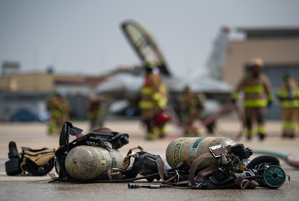 ROKAF; 8th CES Fire Fighters respond to simulated flightline emergency