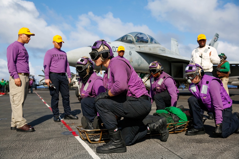 Abraham Lincoln conducts flight deck drills