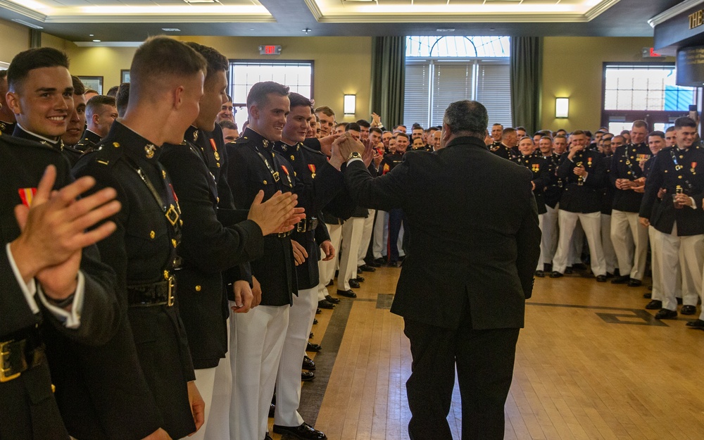 Secretary of the Navy motivates newly commissioned Marine Corps officers at mess night