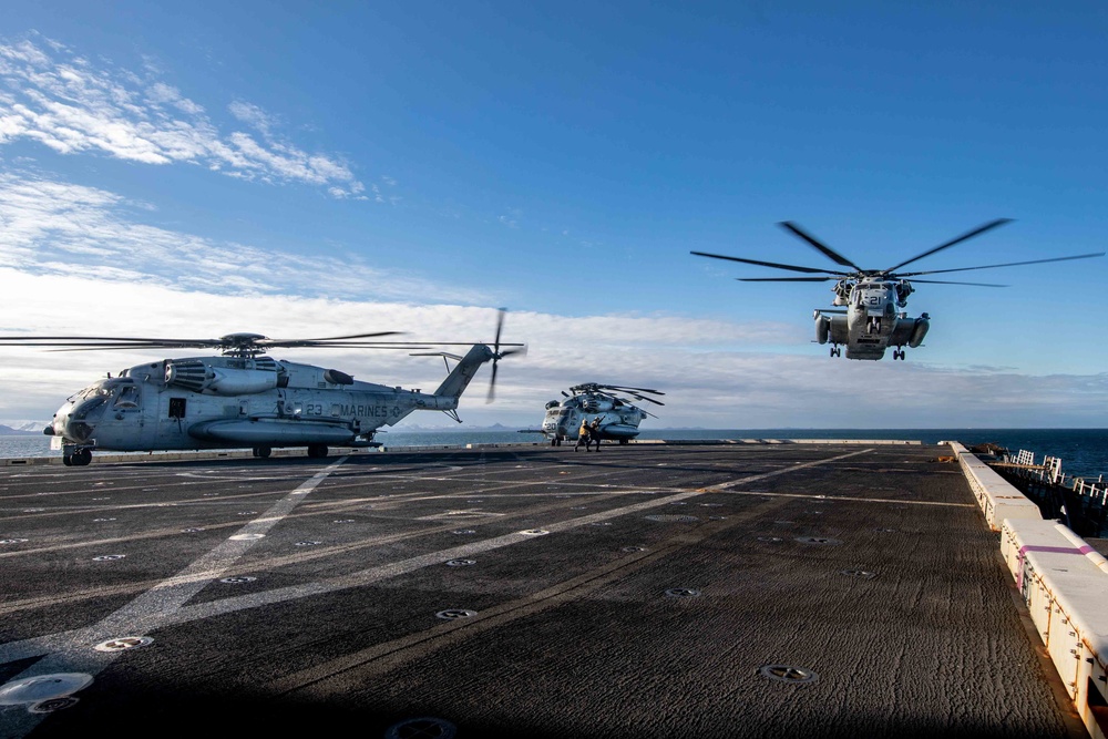 USS Arlington conducts flight operations with Royal Marines