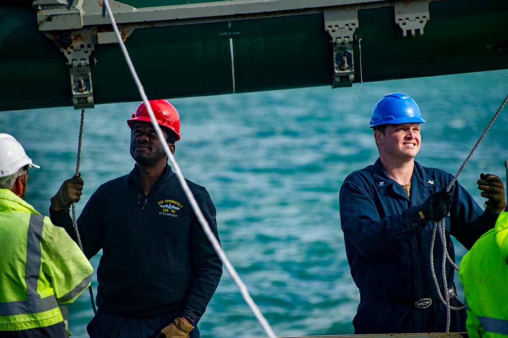 USS Springfield Conducts Weapons Handling Exercise with Harpoon Inert Training Shape