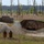 The image shows an active military or law enforcement firing range with metal silhouette targets and heavily pitted steel vehicle or bunker mockups. Dust and smoke are visible near the structures, indicating recent or ongoing live-fire activity. The range is set in an open field with dead and living trees in the background.