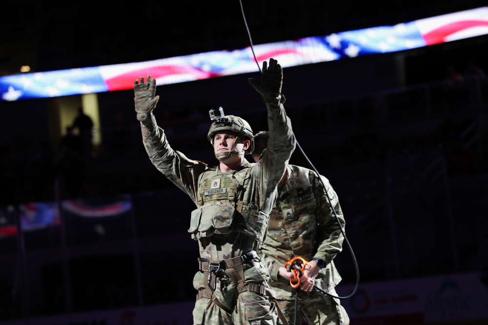 Indiana Guardsman rappels during Indy Fuel game