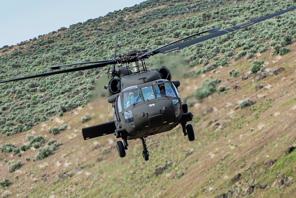 Chief Warrant Officer 4 Nate Spaulding and Warrant Officer 1 Tyler King, pilots with the Idaho Army National Guard's 183rd Aviation Regiment, practiced their flight maneuvers in the UH-60 Black Hawk helicopter.