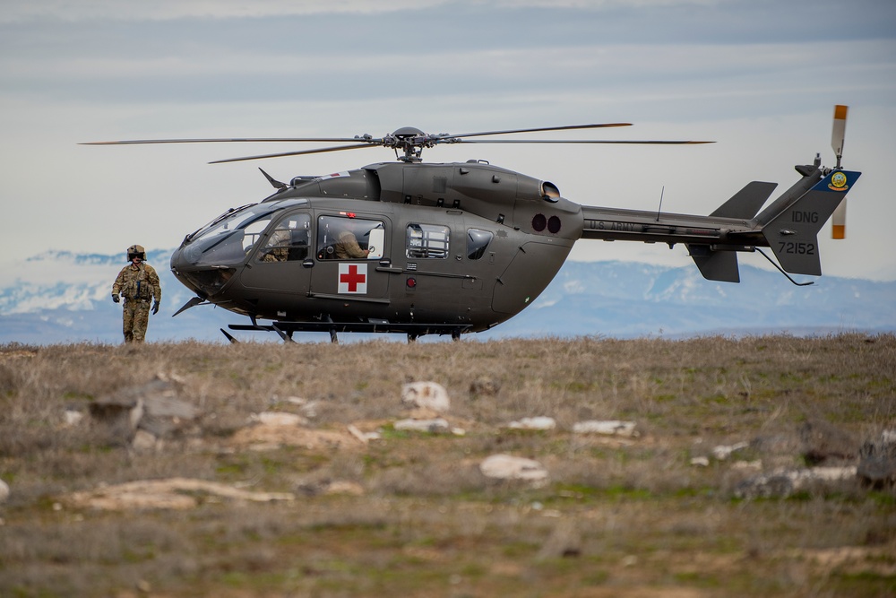 Idaho Army National Guard's Aviation Group pilots landed their UH-72 Lakota helicopter on top of a small hill during routine training and practiced their flight maneuvers around Idaho’s Orchard Combat Training Center.
