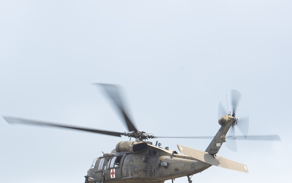 A UH-60 Black Hawk prepares for takeoff