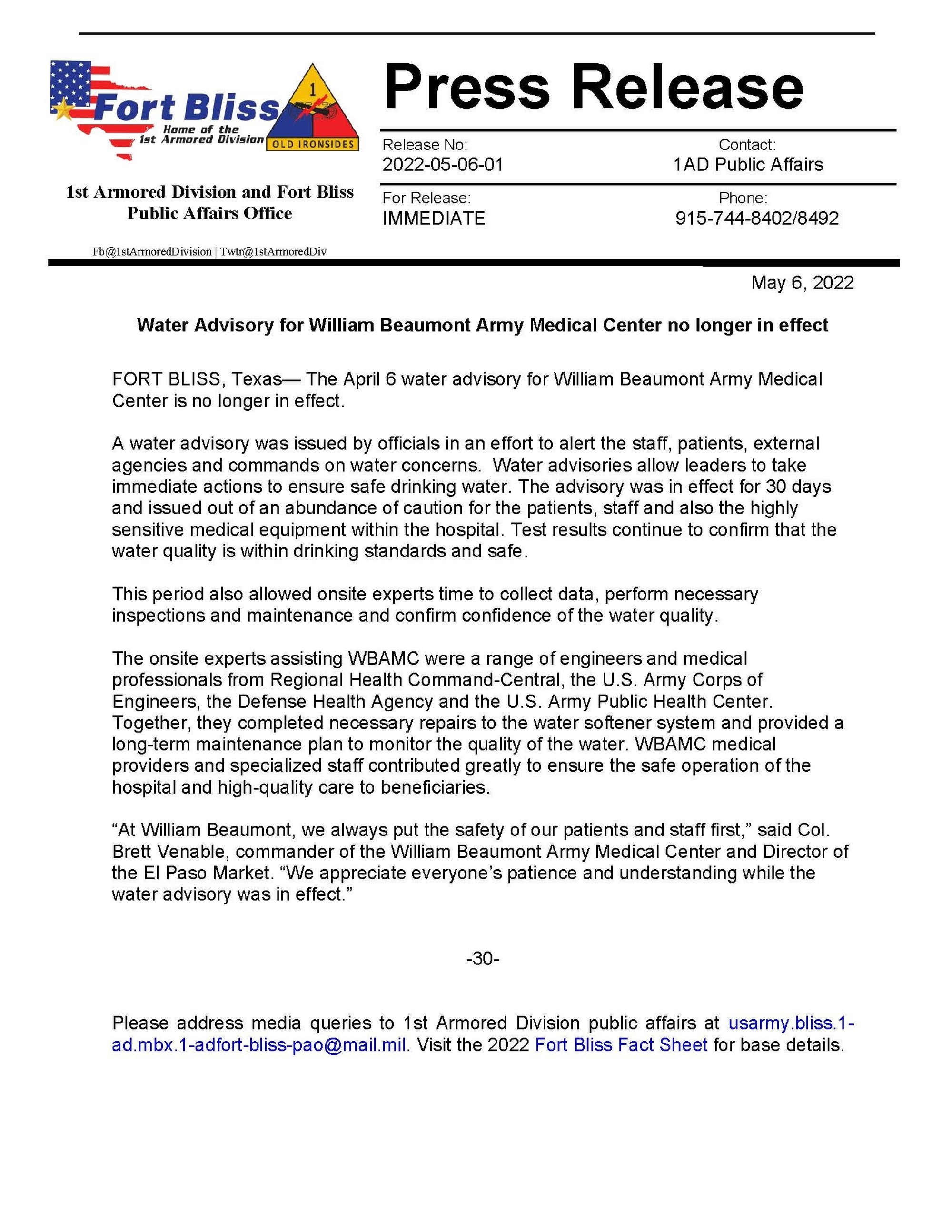 DVIDS Images Water Advisory for William Beaumont Army Medical