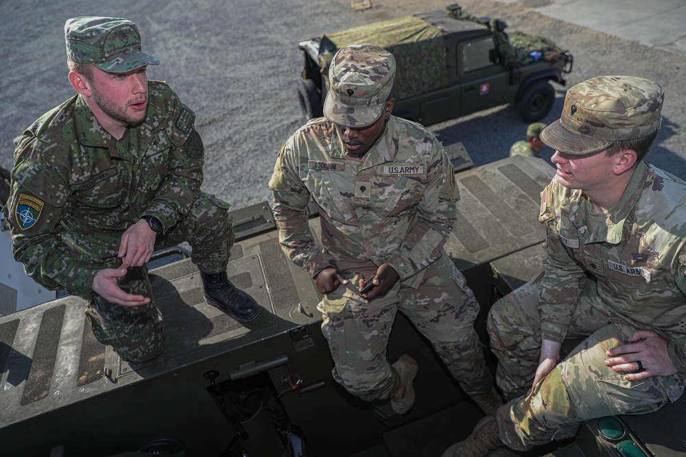 Slovakian NATO EFP soldiers demonstrate equipment to U.S. Soldiers