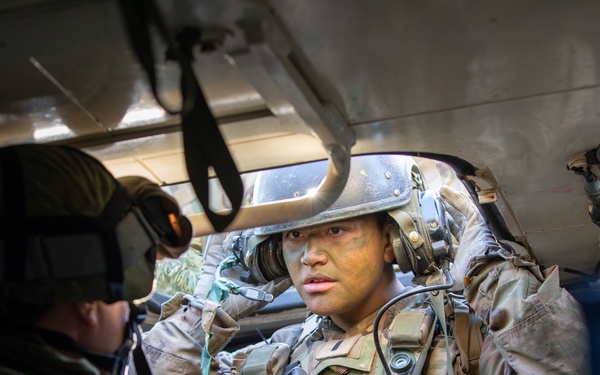 U.S. Army 1st Lt. Nicky Manzitas communicates during Exercise Arrow 22