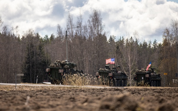 U.S. Army Soldiers convoy in a tactical road march during Exercise Arrow 22