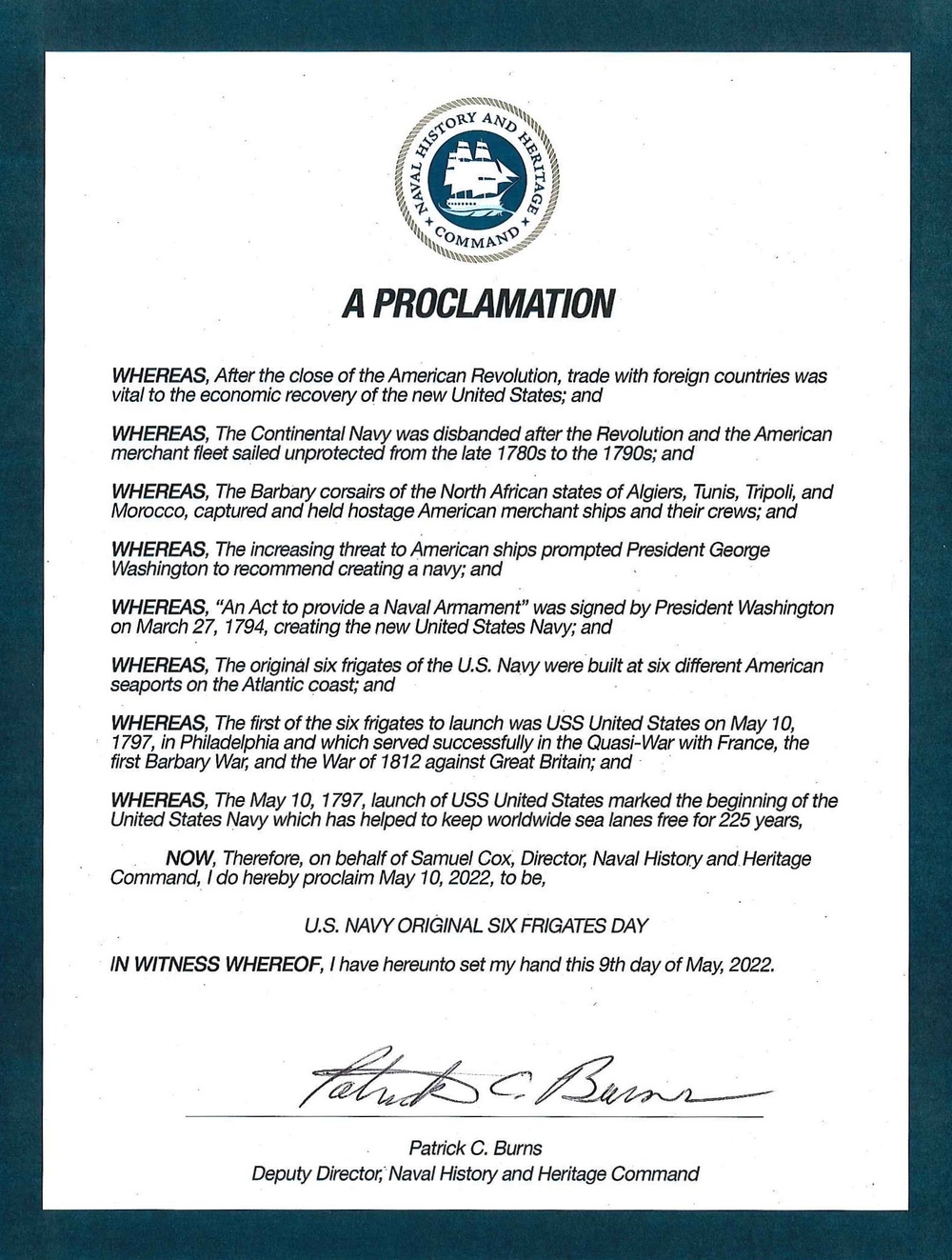 NHHC Proclamation: ‘U.S. Navy Original Six Frigates Day’
