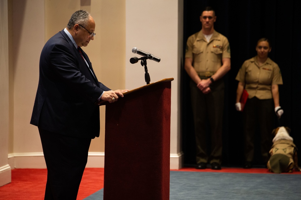 Private Chesty XVI relieves Lance Cpl. Chesty XV as the official Marine Corps mascot