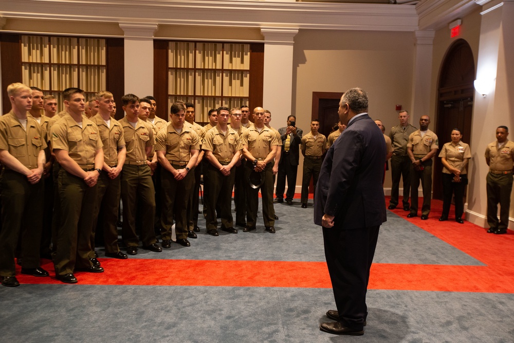 Private Chesty XVI relieves Lance Cpl. Chesty XV as the official Marine Corps mascot