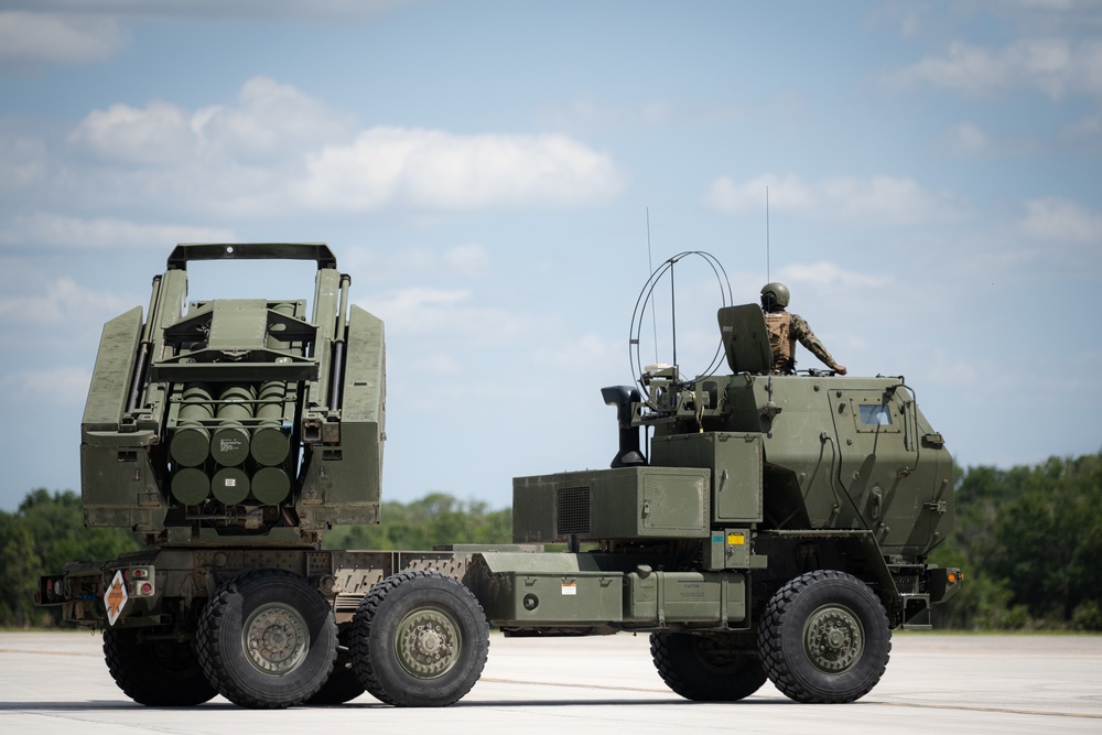 U.S. Marine Corps launch High Mobility Artillery Rocket System during Emerald Warrior 22.1