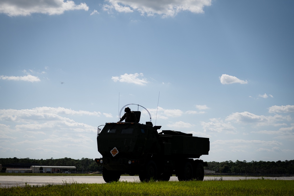 U.S. Marine Corps launch High Mobility Artillery Rocket System during Emerald Warrior 22.1