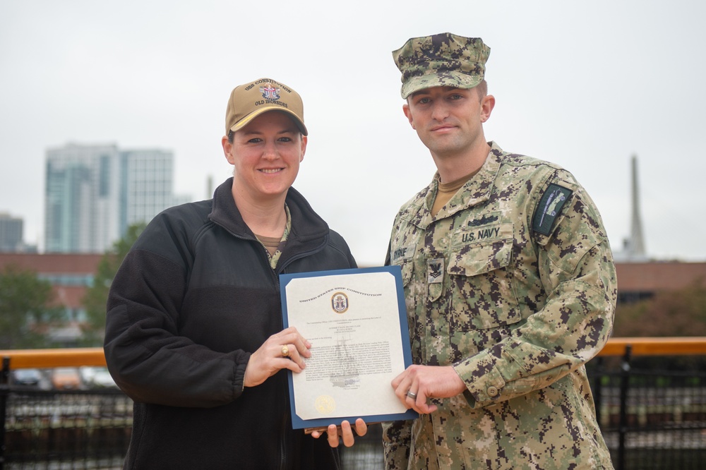 USS Constitution GM2 Byrne is awarded Sailor of the Quarter