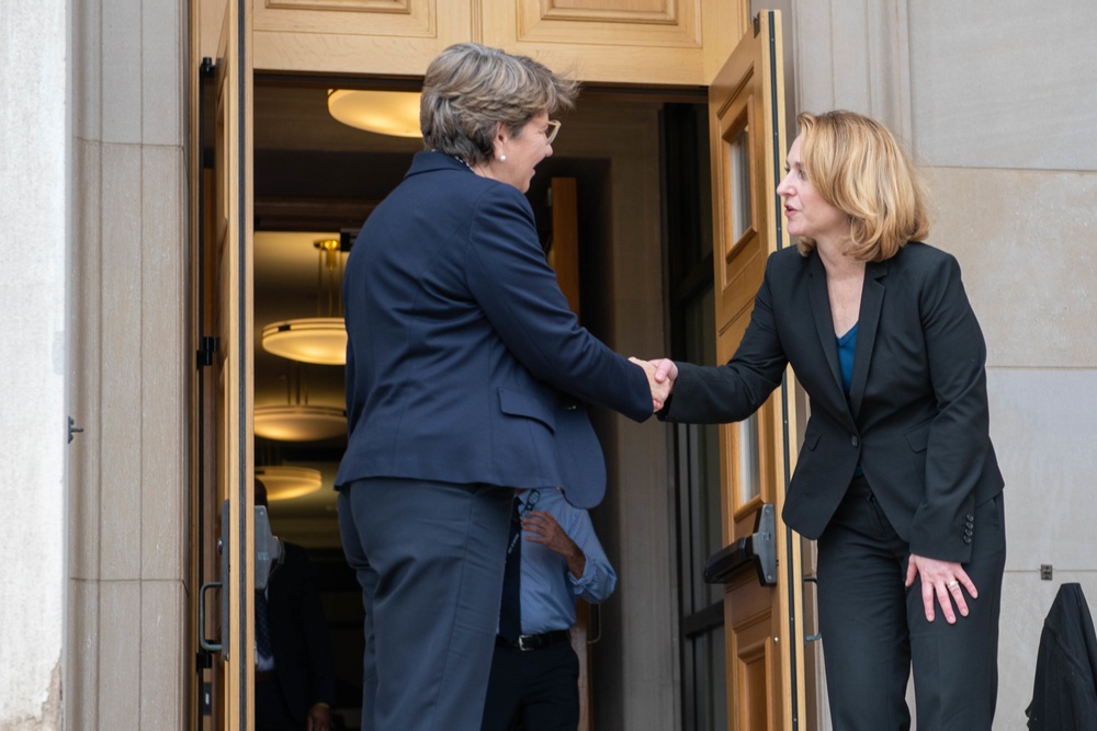 Deputy Secretary of Defense Kathleen H. Hicks and Swiss Defense Minister Viola Amherd hold a meeting at the Pentagon