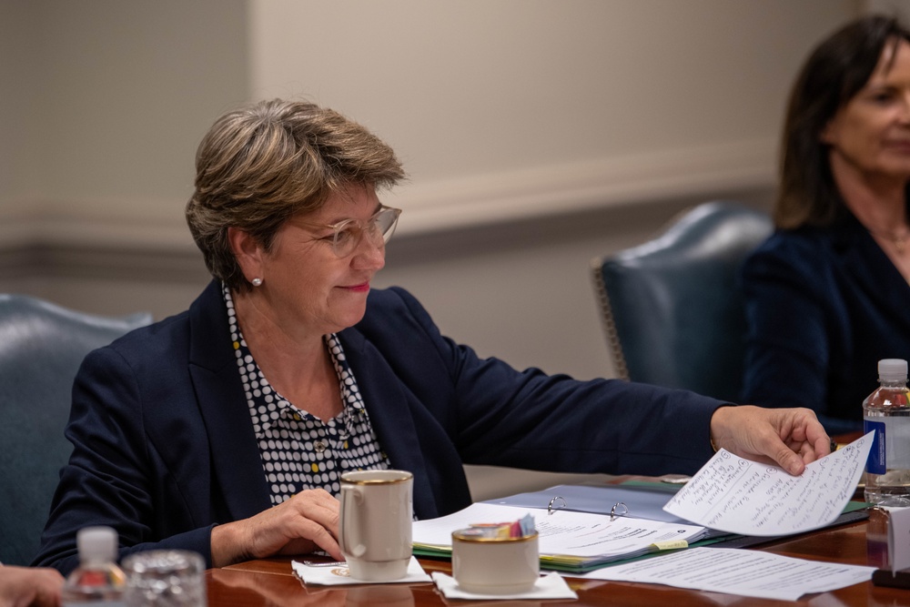 Deputy Secretary of Defense Kathleen H. Hicks and Swiss Defense Minister Viola Amherd hold a meeting at the Pentagon