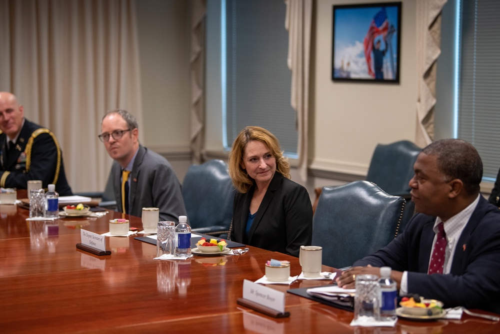 Deputy Secretary of Defense Kathleen H. Hicks and Swiss Defense Minister Viola Amherd hold a meeting at the Pentagon