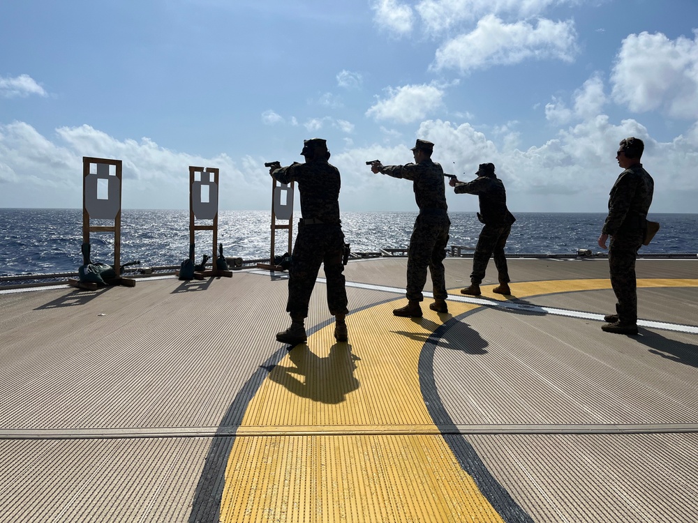 Embarked Marines Conduct Small Arms Gunshoot Onboard Kellie Chouest