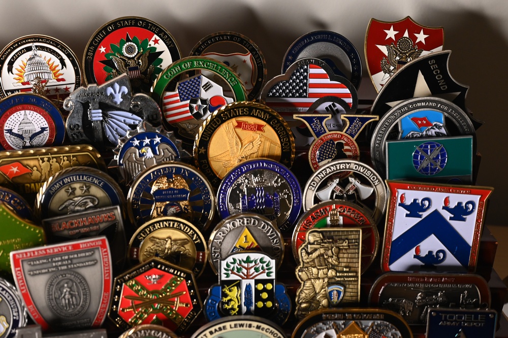 Challenge coins on display