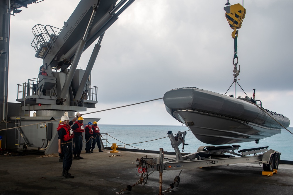 Sailors aboard USS Miguel Keith launch RIB during Noble Vanguard