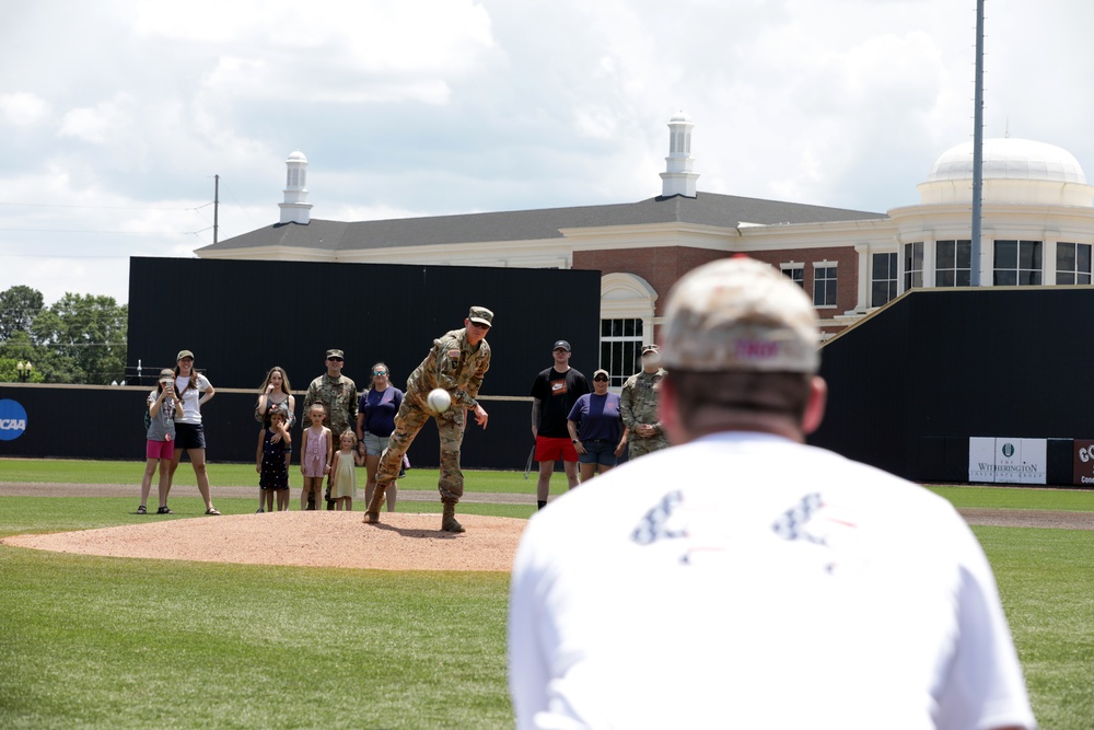 110th Aviation Brigade Commander throws ceremonial 1st pitch