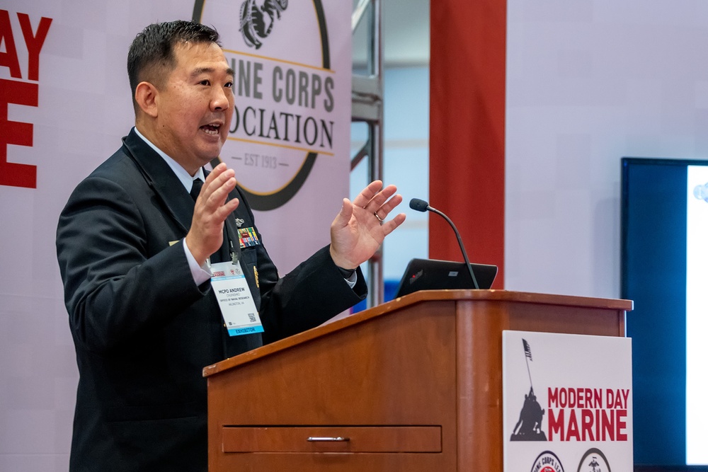 Command Master Chief Andrew Chupashko delivers remarks on TechSolutions at Modern Day Marine.
