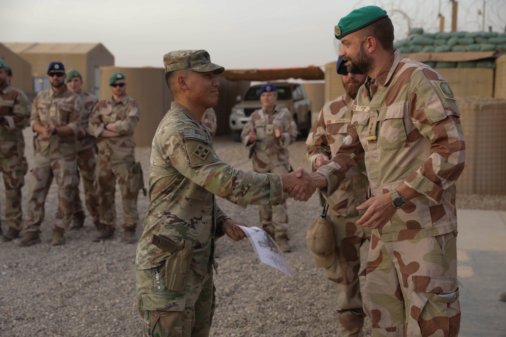 U.S. Soldiers and Coalition partners conduct Norwegian Ruck March at Al Asad Air Base, Iraq