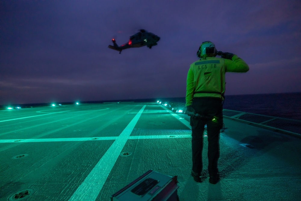USS Charleston (LCS 18) and HSC-21 participate in Noble Vanguard