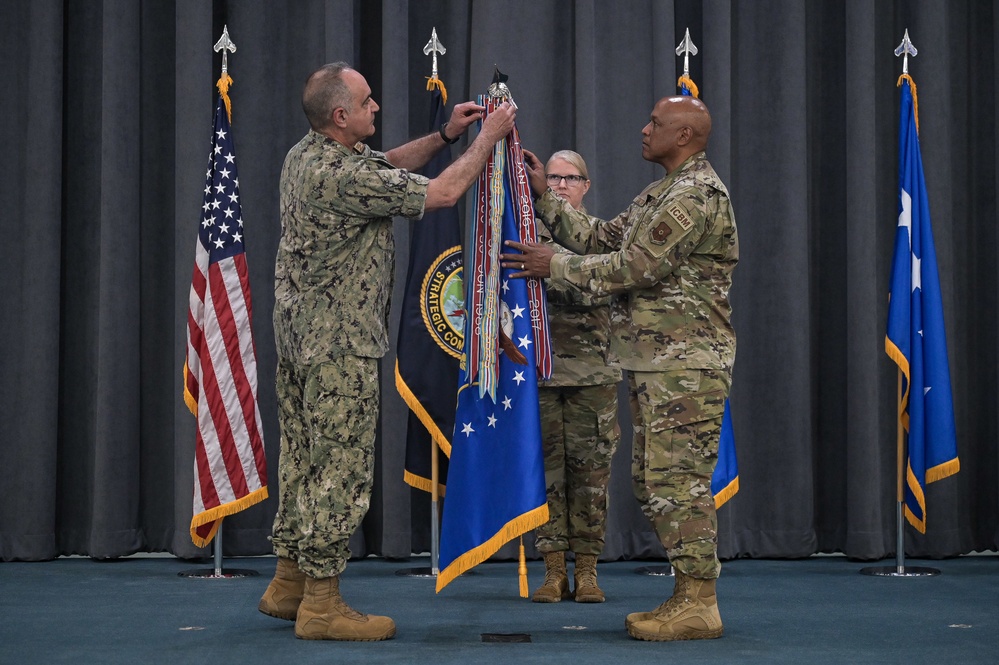 Admiral Richard awards AFGSC with the Joint Meritorious Unit Award at Barksdale