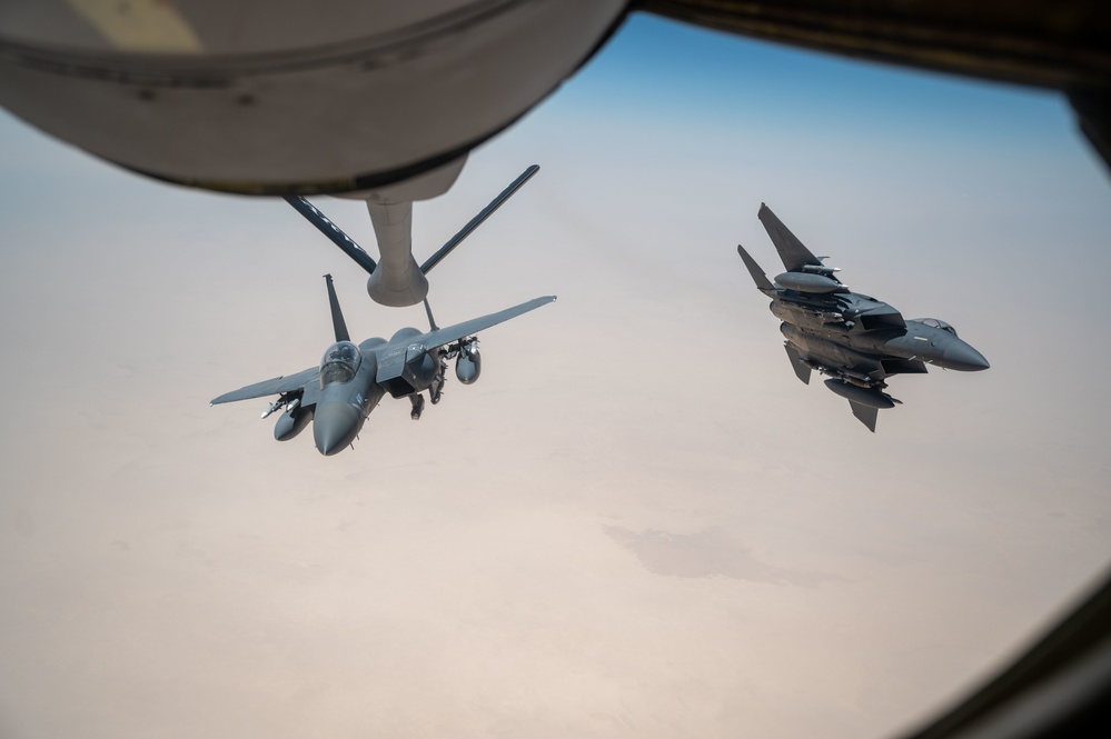 U.S. Air Force KC-135 refuels F-15s