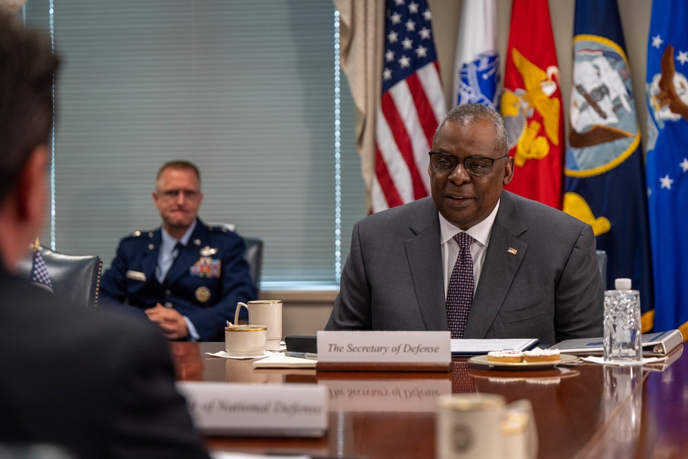 Secretary of Defense Lloyd J. Austin III holds a meeting with Colombian Defense Minister Diego Molano