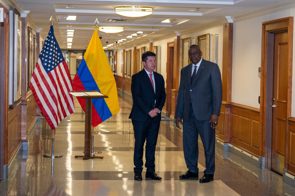 Secretary of Defense Lloyd J. Austin III holds a meeting with Colombian Defense Minister Diego Molano