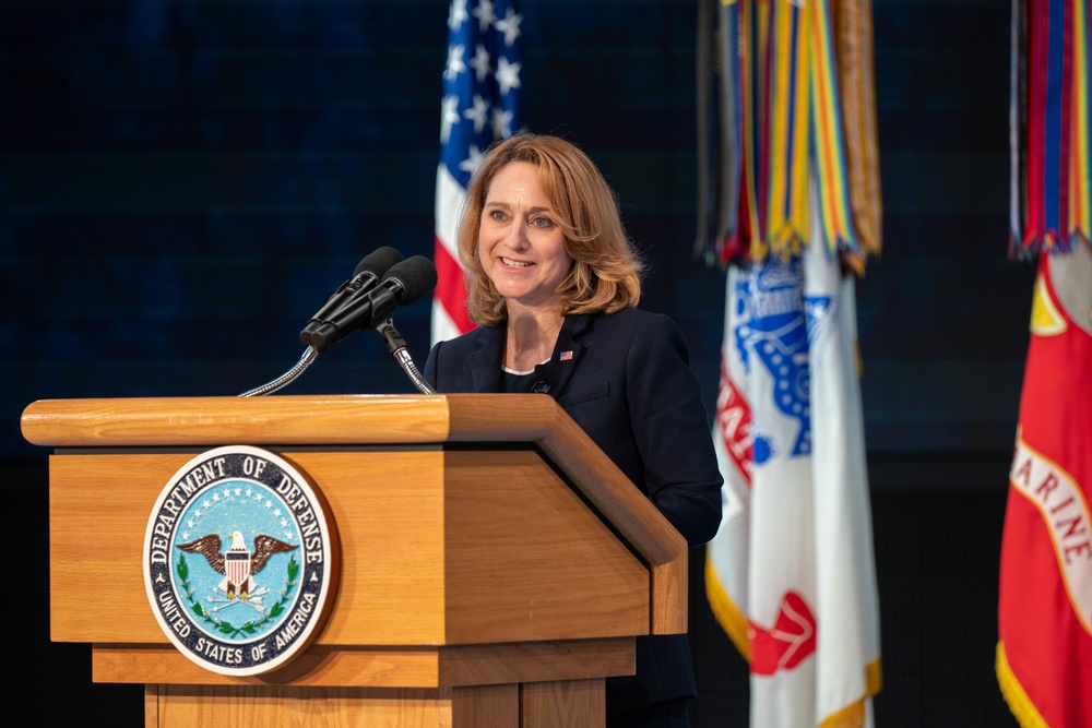 Deputy Secretary of Defense Kathleen H. Hicks speaks at the National Capital Region ROTC Detachment commencement at Fort Myer, Virginia