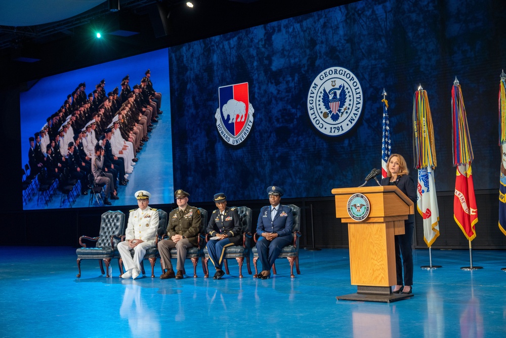 Deputy Secretary of Defense Kathleen H. Hicks speaks at the National Capital Region ROTC Detachment commencement at Fort Myer, Virginia