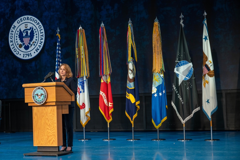 Deputy Secretary of Defense Kathleen H. Hicks speaks at the National Capital Region ROTC Detachment commencement at Fort Myer, Virginia